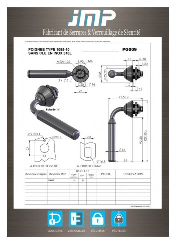 Schlüsselloser Griff PG009 aus Edelstahl 316L - Typ 1095-10 - Technischer Plan