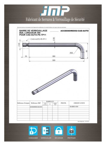 Verriegelungsstange mit Nut für zylindrisches Vorhängeschloss Lg 300 mm - Technischer Plan