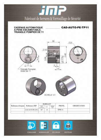 Automatisches Vorhängeschloss - Feuerwehrmann-Dreieck von 11 (für Bar) - Technischer Plan