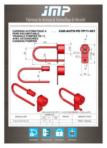 Automatisches Vorhängeschloss - Feuerwehrmann Dreieck von 11 mit Schäkel - Technischer Plan