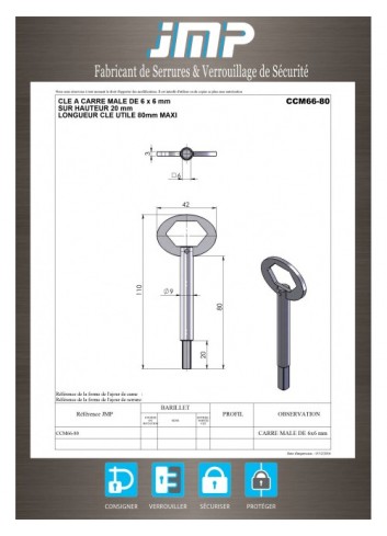 CCM66-80 Schraubenschlüssel mit einem quadratischen 6x6 mm Stecker - Technischer Plan