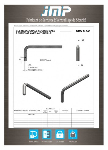 CHC-6-AD Winkelschlüssel - 6 Sechskant-Flachkopf mit Anti-Bohrer - Technischer Plan