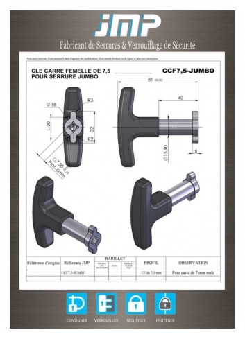 T-Griffschlüssel CCF7.5 für 7 mm männliches Quadrat - Technischer Plan