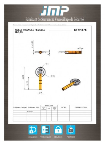 Schlüssel CTFH375 weibliches Dreieck 3,75 langes Metall - Technischer Plan