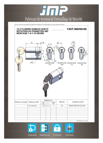 1/2 europäischer Zylinder 1327-360-02-02 - Technischer Plan