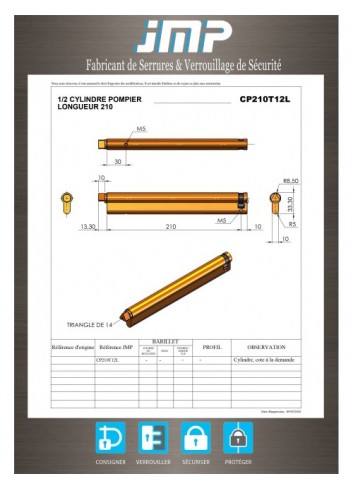 1/2 europäischer Zylinder CP210T12L Feuerwehrdreieck 14 Lg 210 mm - Technischer Plan