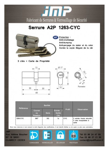 1263-CYC Anti-Bumping-Zylinder mit A2P-Eigenschaftskarte - Technischer Plan