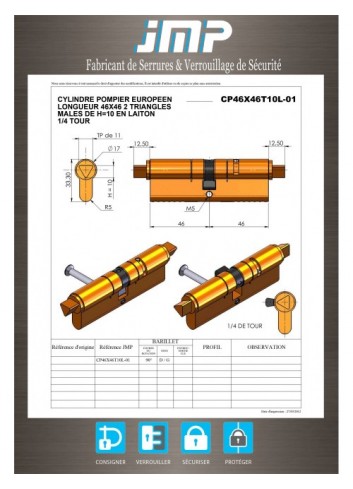 Feuerwehrmann Dreieckzylinder von 11 Lg46x46 1/4 Umdrehung - Technischer Plan