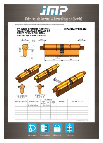 Feuerwehrmann Dreieckzylinder von 11 Lg46x46 1/4 Umdrehung - Technischer Plan