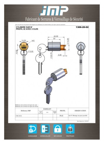 Rundzylinderschloss 1306-20 ø22,7 / L43,5 - Technischer Plan