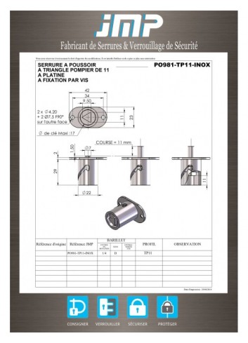 Edelstahl-Druckzylinder PO981-TP11-INOX mit 11 männlichem Dreieck - Technischer Plan