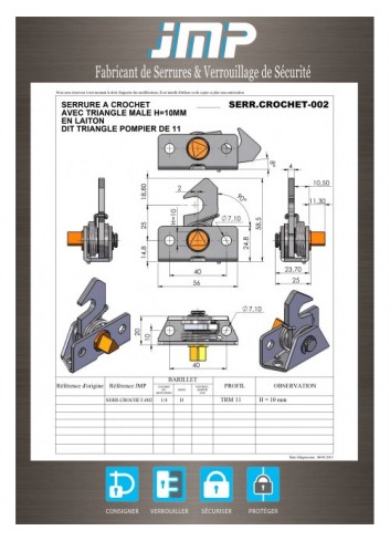 Hakenschlösser SERR.CROCHET-002 männliches Dreieck von 11 lg23,70mm - Technischer Plan