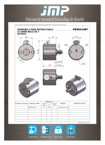 Automatische Verriegelung PE995-CM7 mit männlichem Quadrat von 7 in Edelstahl - Technischer Plan