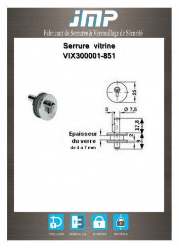 Vitrinenschlösser VIX300001-851 Zylinder für Glastür - Technischer Plan