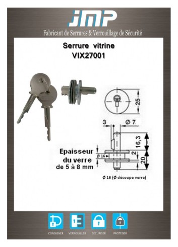 Vitrinenschlösser VIX27001 Zylinder für Glastür - Technischer Plan