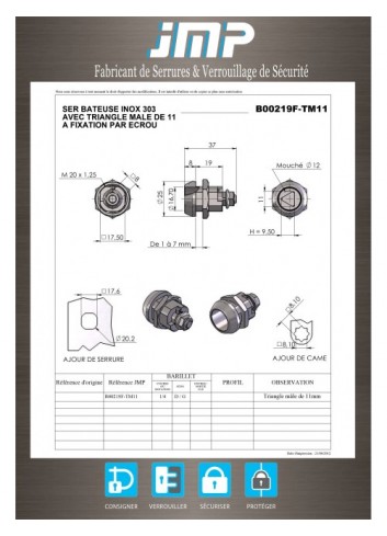 Hebelschloss B00219F-TM11 rostfreier Stahl - Dreieck von 11 - Lg 19mm - Technischer Plan