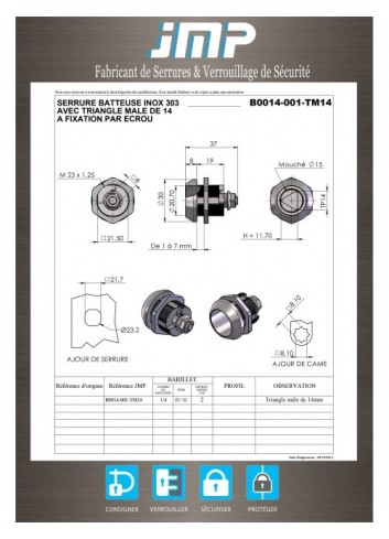 Hebelschloss B0014-001-TM14 rostfreier Stahl - Dreieck von 14 - Lg 19mm - Technischer Plan