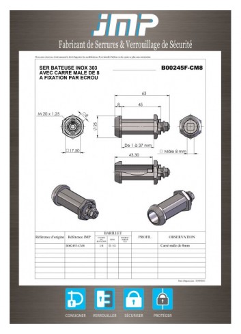 Hebelschloss B00245F-CM8 rostfreier Stahl 303 - mit 8 männlichen Quadrat - Technischer Plan