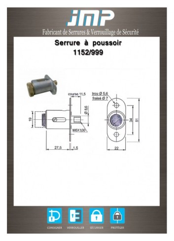 Druckzylinderschlösser 1152-999 mit einem Knopf - Technischer Plan