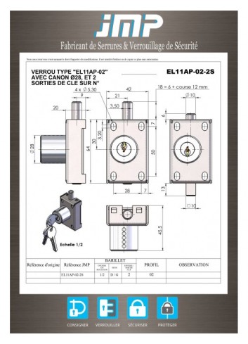 Nicht unverlierbares Schlüsselschloss EL11AP-02-2S - Edelstahlgehäuse - Technischer Plan