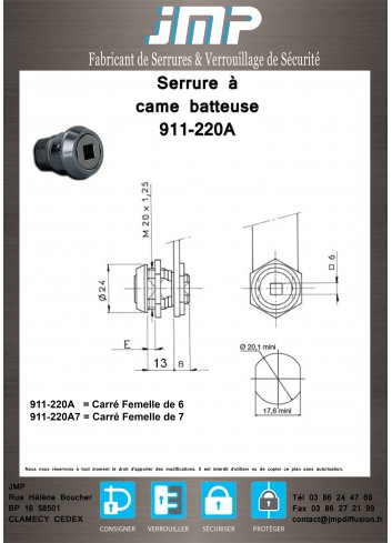 Hebelschlösser 911-220A, A7 weibliches Quadrat von 6 - Technischer Plan