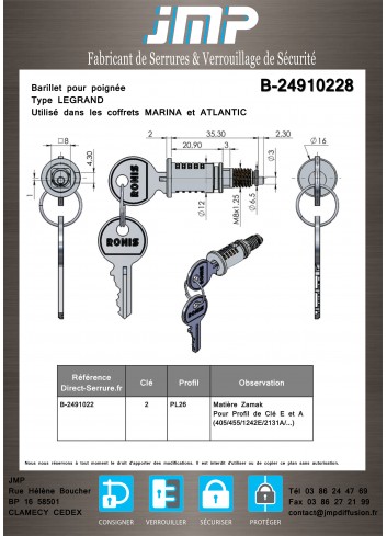 LEGRAND Schließzylinder B-24910228 - Technischer Plan