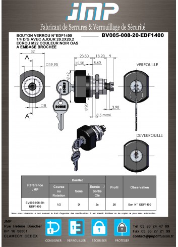 Verriegelungsknopf BV005-008-20 Schaltkastenschloss IP 66 auf Nr. EDF1400 - Technischer Plan