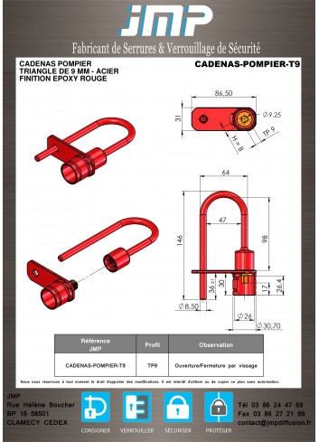 Vorhängeschloss - 9 mm Dreieck - Stahl - Technischer Plan