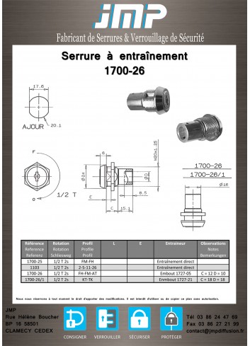 Mitnehmerschlösser 1700-26 für Möbel - Technischer Plan