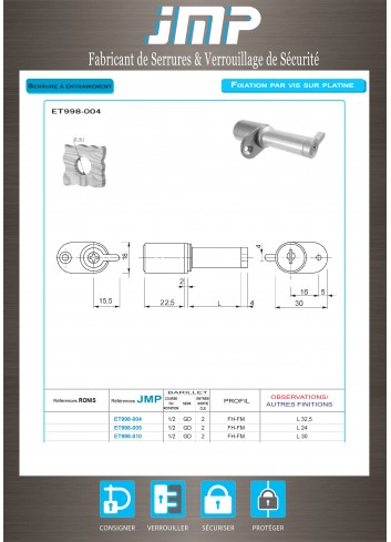 Mitnehmerschlösser ET998-004 für Möbel - Technischer Plan