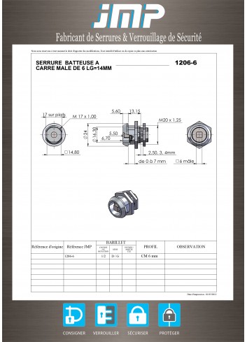 Hebelschlösser 1206-6 männliches Quadrat von 6 - Technischer Plan