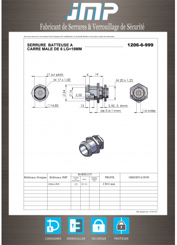 Hebelschlösser 1206-6-999 männliches Quadrat von 6 - Technischer Plan