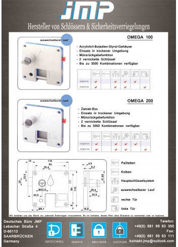 Münzpfandschlösser Omega 07420 zamak - Technischer Plan